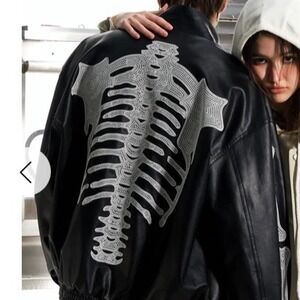 Beaster Black Faux Leather Skeleton Embroidered Vintage Jacket M‎ New With Tags